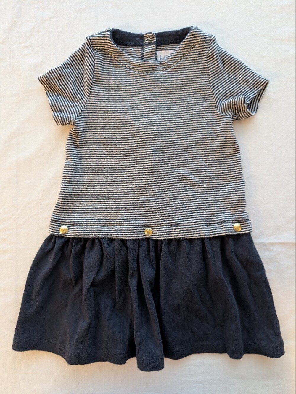 Petit Bateau 24M Navy and White Striped Short Sleeve Dress with Navy Skirt